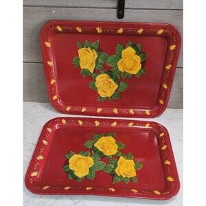 Vintage Red 1950s Metal Serving Trays Yellow Roses Floral Design Cottage Set 2